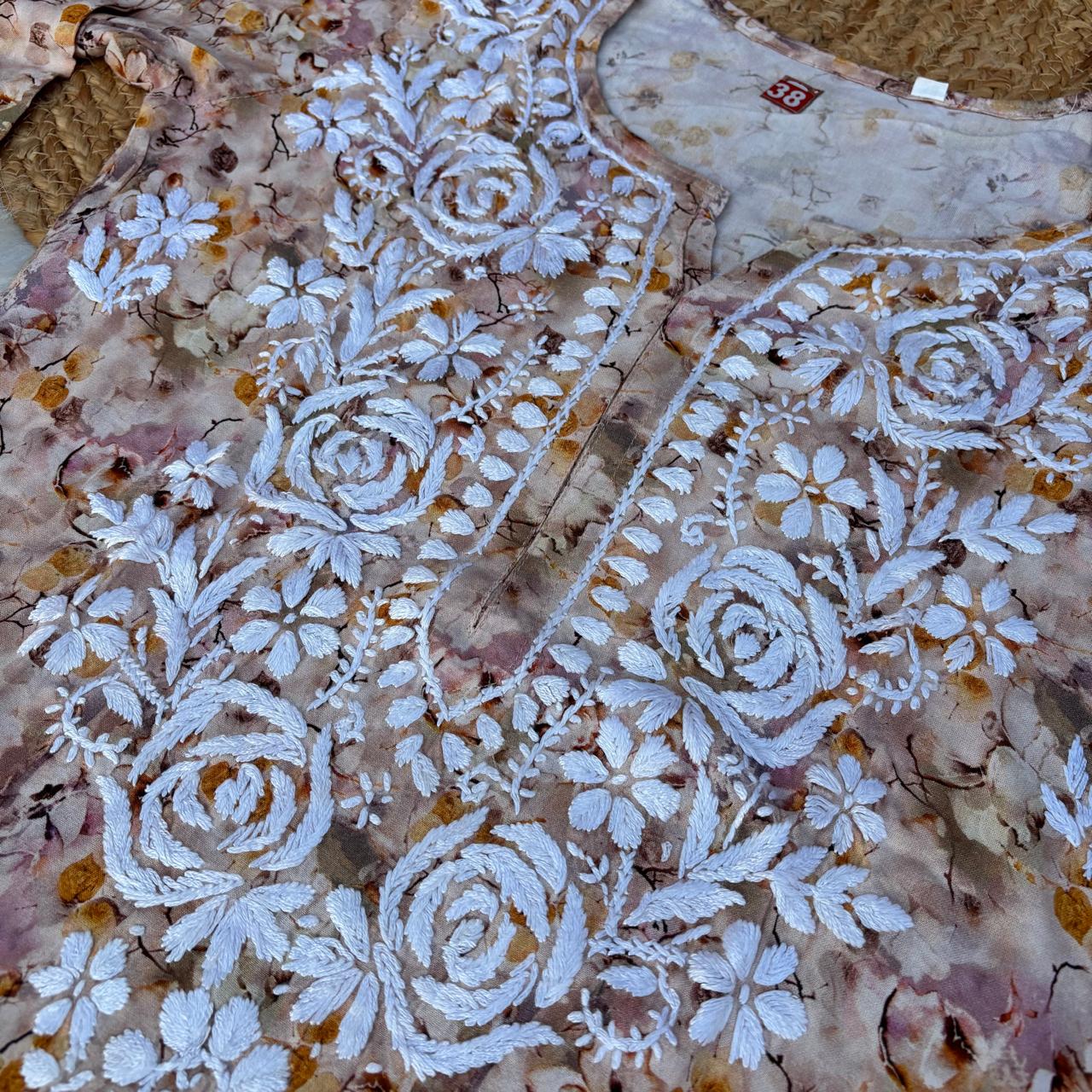 Hina Rayon Rose work Lucknowi Chikankari kurti - Cream Colour