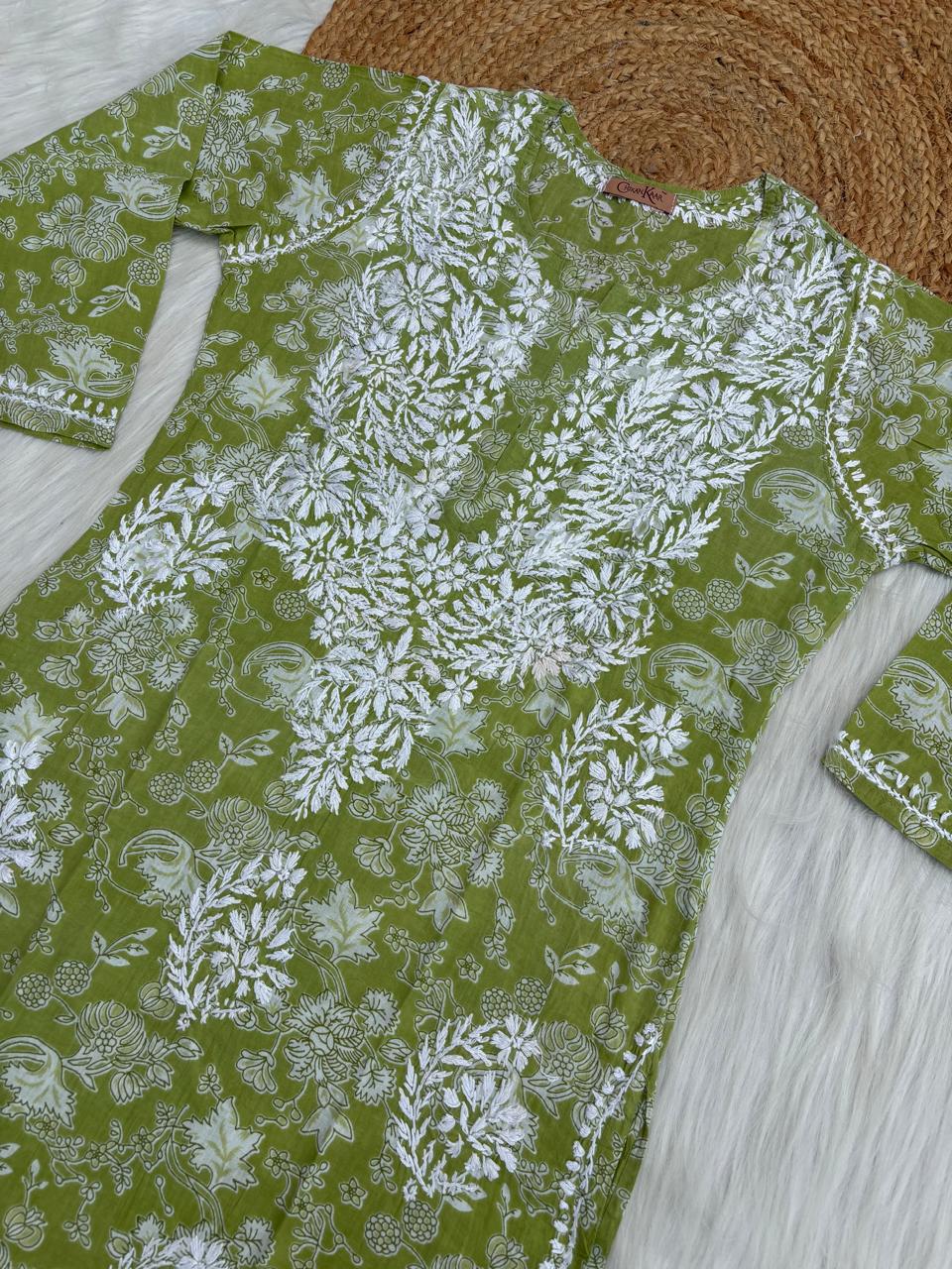 Sameera Pure Mulmul Chikankari Handwork Kurti - Green Colour