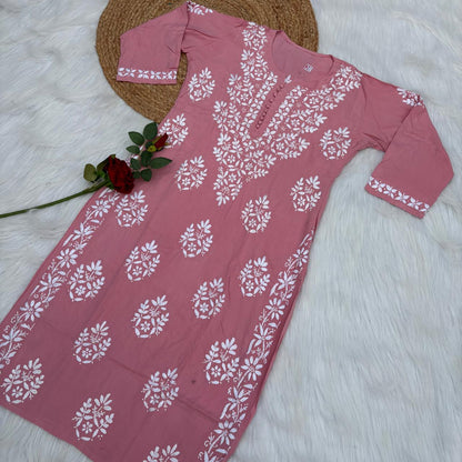 Ameena Soft Rayon Chikankari Kurti - Peach Colour