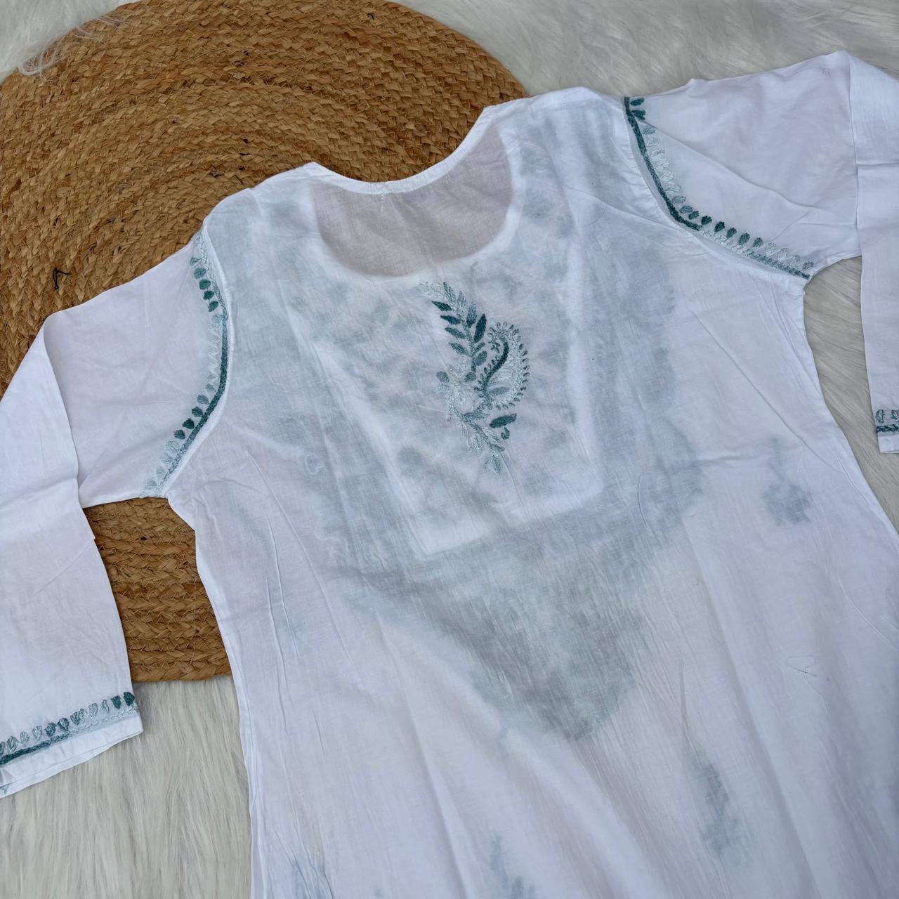 Zoya Cotton Lucknowi Chikankari Kurti - White Grey Color