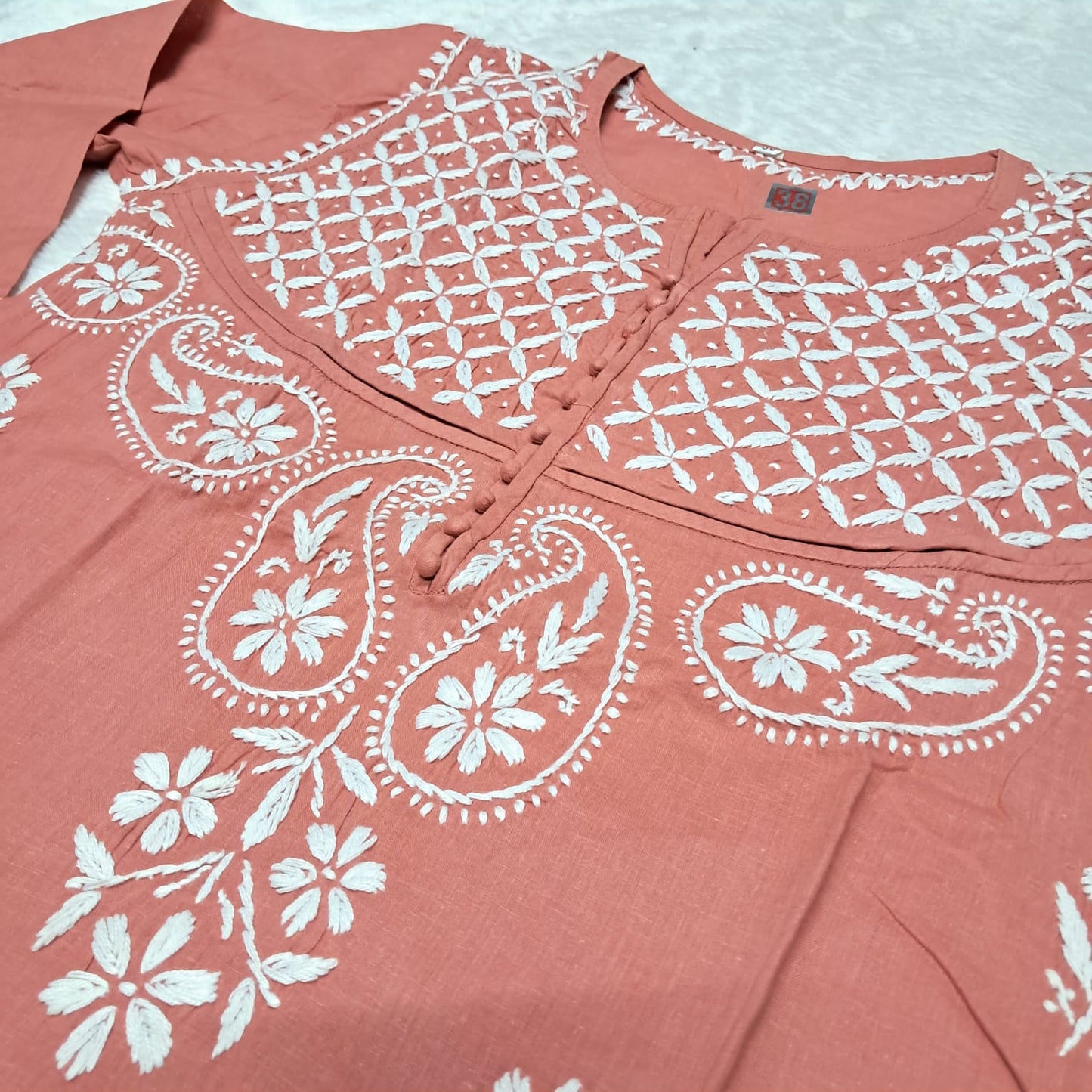 Adiva Pure Cotton Chikankari Handwork Kurti - Peach Colour