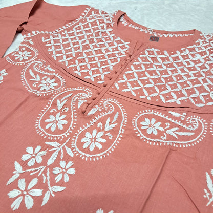 Adiva Pure Cotton Chikankari Handwork Kurti - Peach Colour