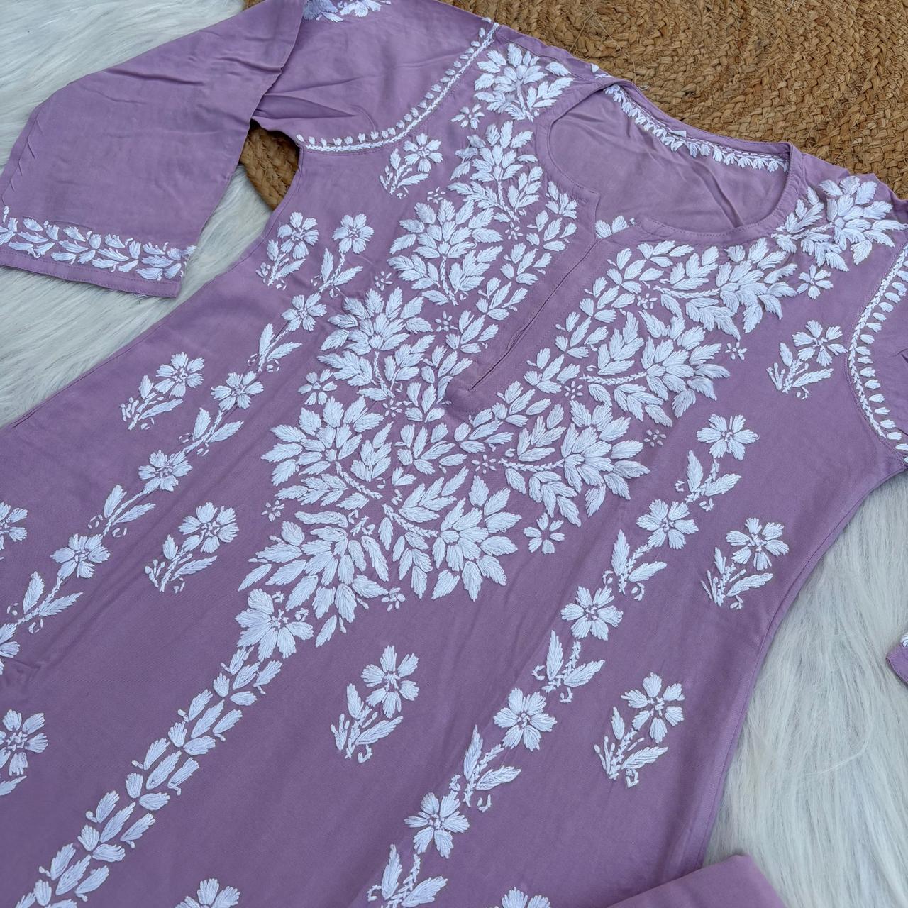 Samara Rayon Handwork Chikankari Kurti Plazo Set - Mauve Colour