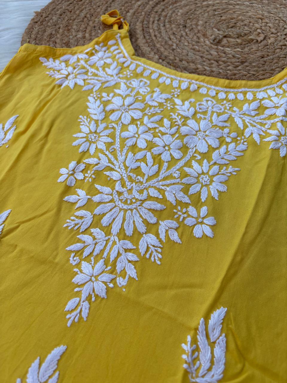 Ayla Rayon Handwork Chikankari Noodle Strap Short Kurti - Yellow colour
