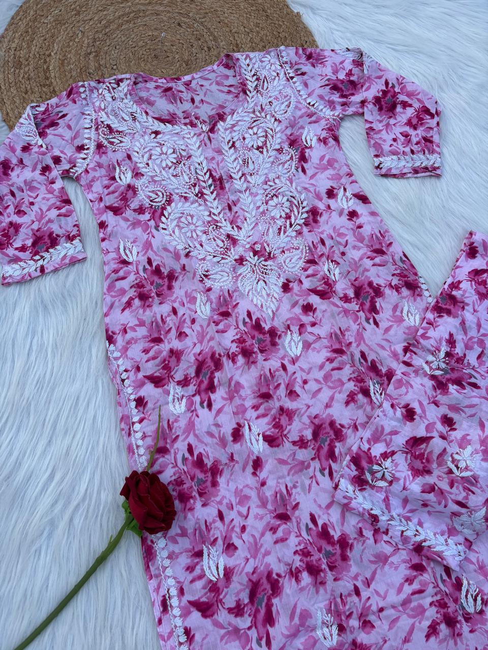 Hadaya Mulmul Cotton Chikankari Kurti Set -Pink Colour