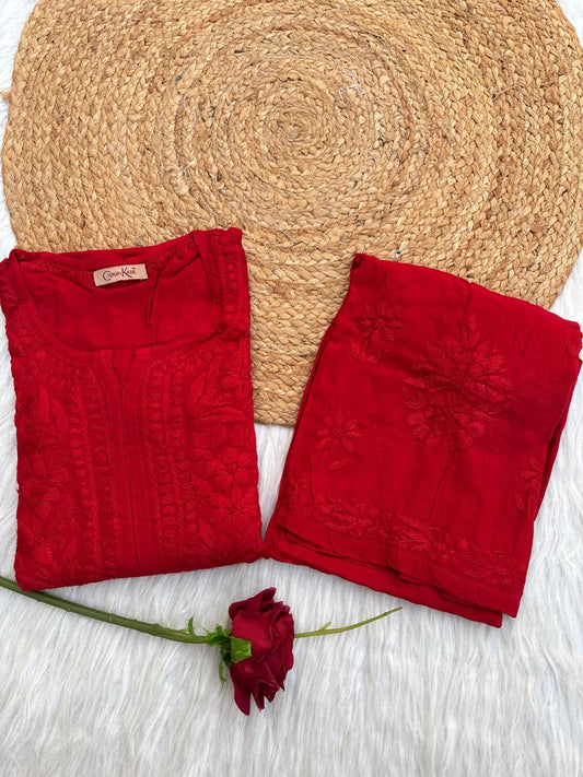 Azra Soft Rayon Dyeable Handwork Chikankari kurti Set - Red Colour