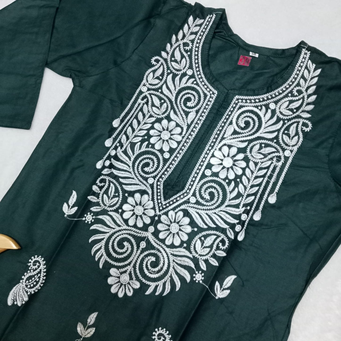 Rayon Chikankari Machine Work  Kurti Plazo Set- Dark Green Colour