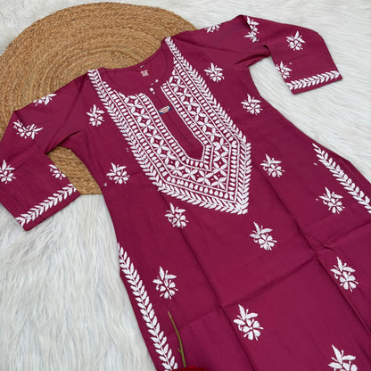 Afana Silk Chikankari Kurti Plazo set Rani Colour