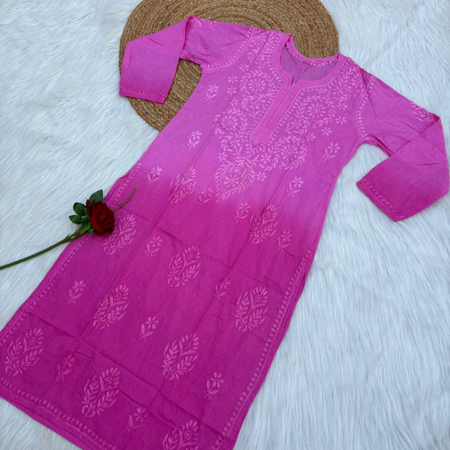 Tuba Ombre Shaded Dobby Cotton Chikankari Kurti - Pink Colour
