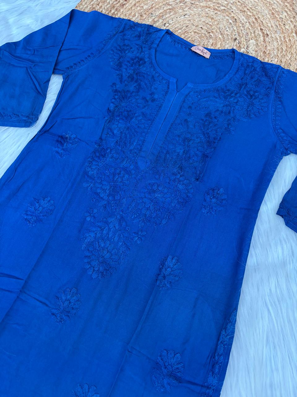 Rabab Dyeable Soft Rayon Handwork Chikankari Kurti - Blue Colour