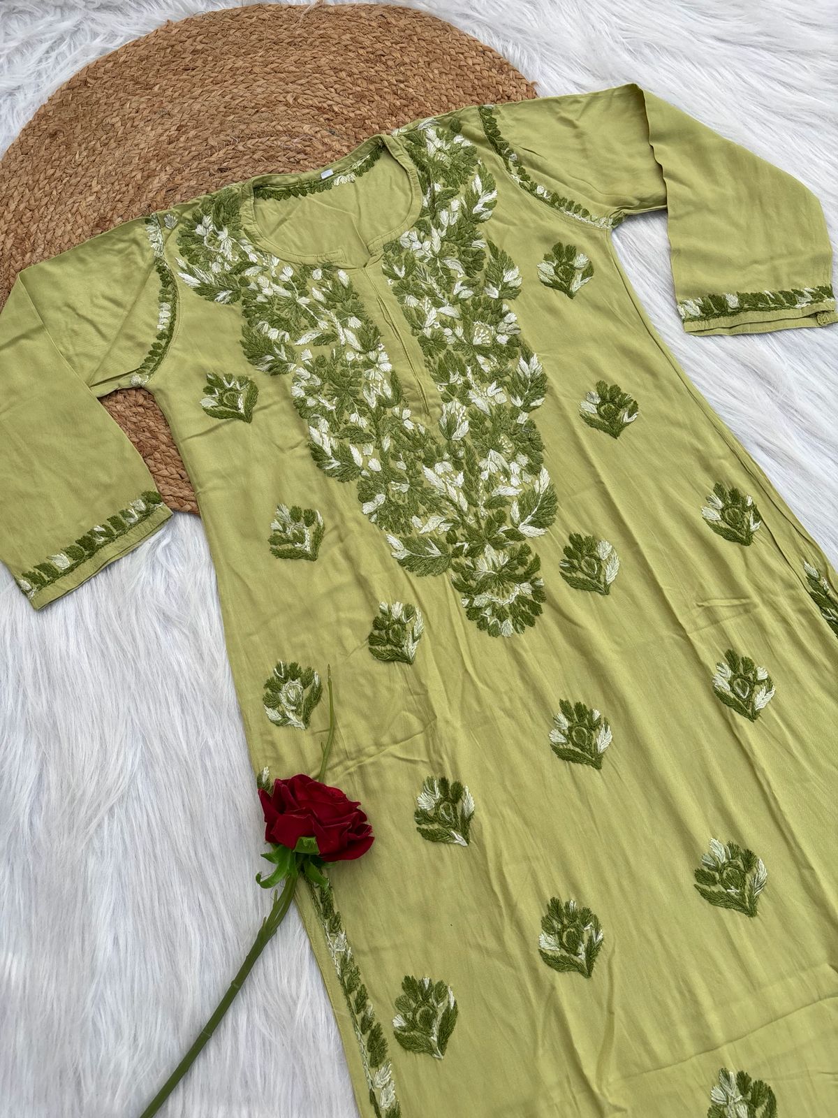 Roohi Rayon Tone To Tone Lucknowi Handwork Chikankari Kurti - Green Color