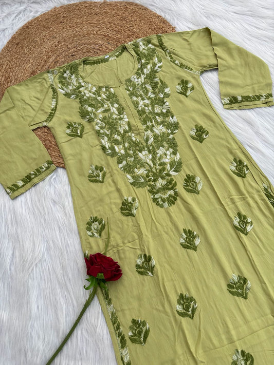 Roohi Rayon Tone To Tone Lucknowi Handwork Chikankari Kurti - Green Color