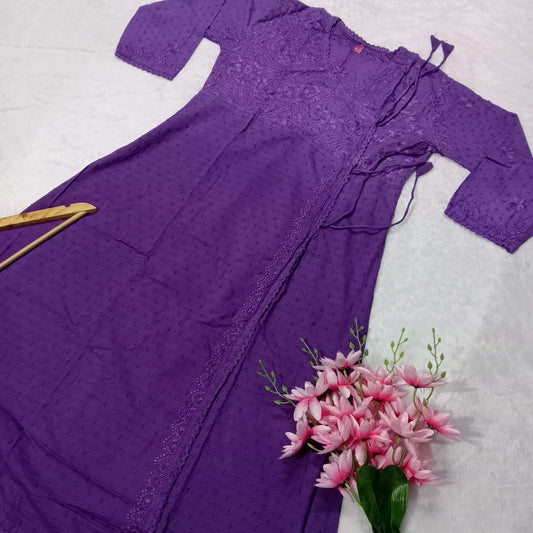 Ombre Shaded Dobby Cotton Chikankari Angarakha - Violet Colour