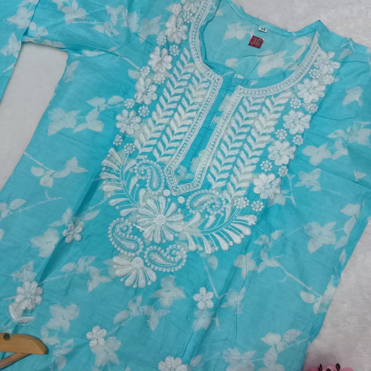 Mulmul Cotton Chikankari Machine Work Kurti - Sky Colour