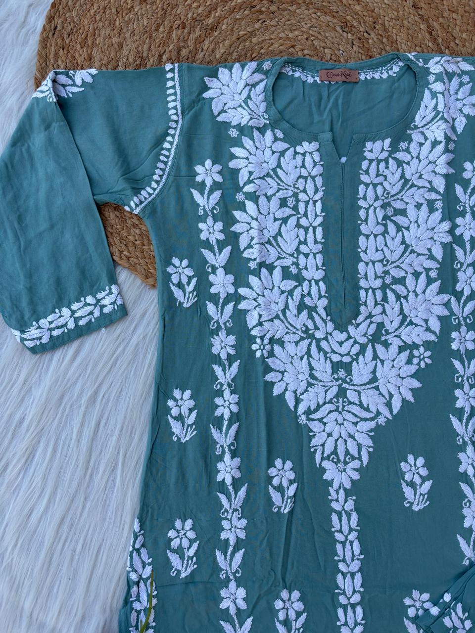 Samara Rayon Handwork Chikankari Kurti Plazo Set - Sea Green Colour