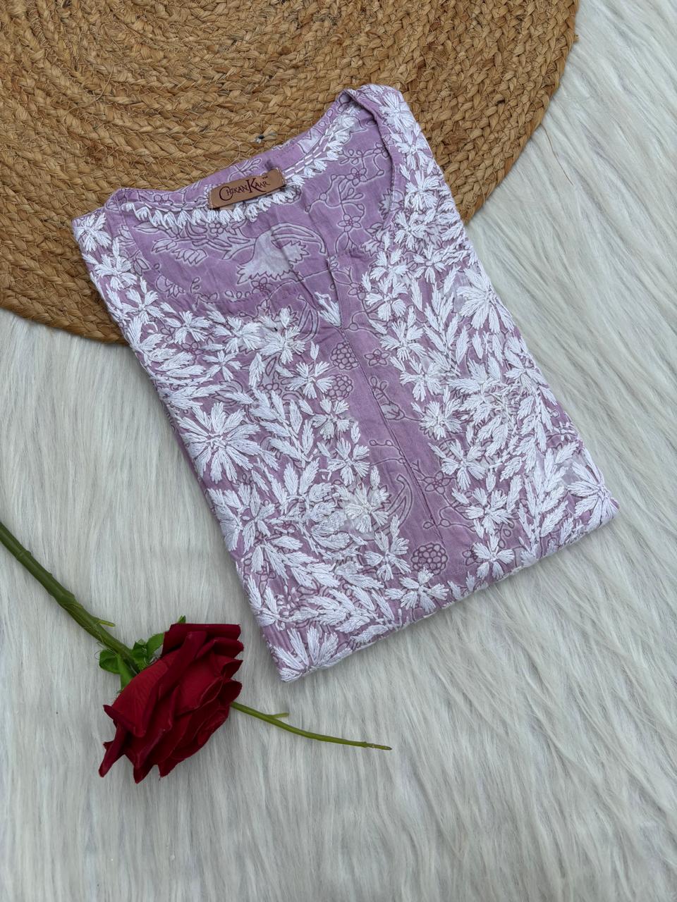 Sameera Pure Mulmul Chikankari Handwork Kurti - Lavender Colour