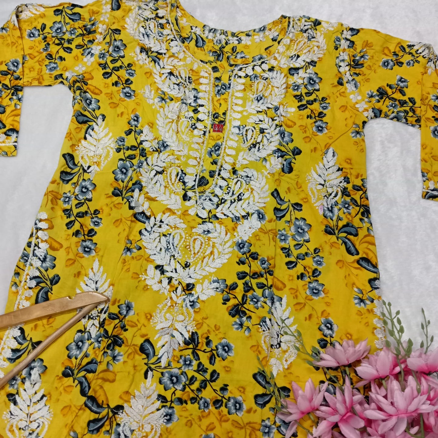 SOFT MODAL FLORAL PRINTED CHIKANKARI HANDWORK KURTI - YELLOW COLOUR