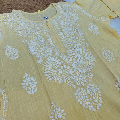 Isha Slub Cotton Chikankari Kurti - Yellow colour