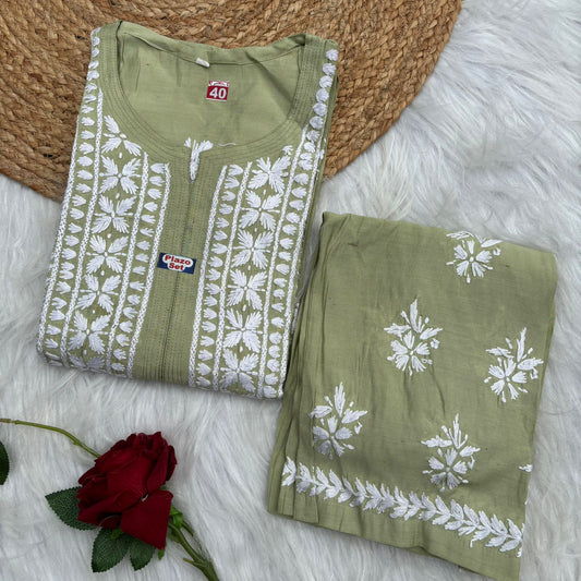 Afana Silk Chikankari Kurti Plazo set Pista Colour