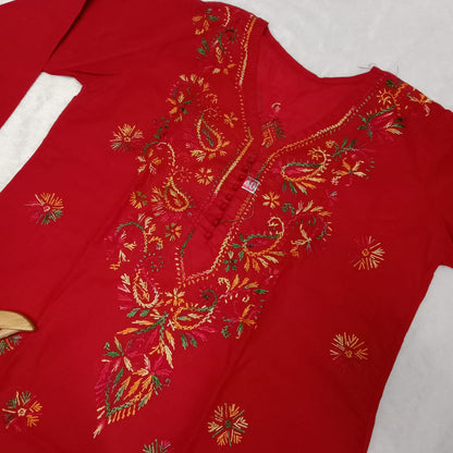 Pure Cotton Chikankari Multi Printed Embroidery Work Kurti - Red Colour