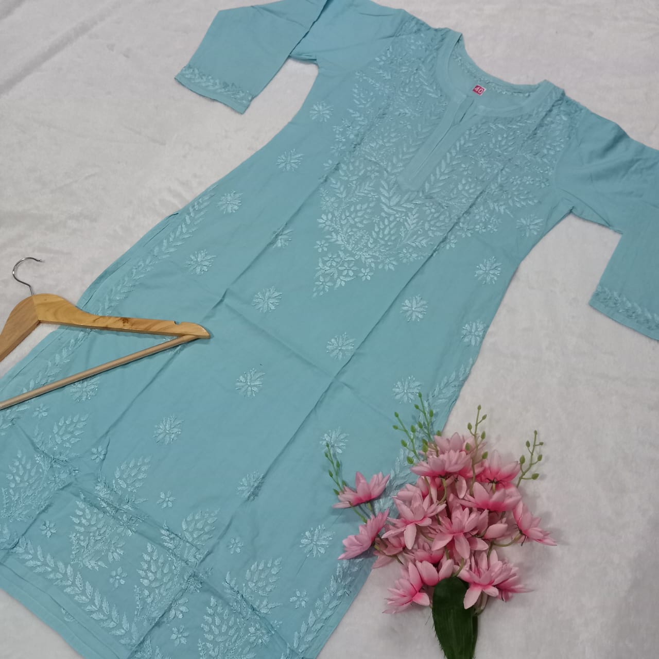 Exclusive Pure Cotton Chikankari Dyed Kurti -Blue Colour