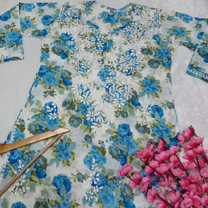 Aisha Mulmul Floral Printed Chikankari Handwork Kurti-  Blue  Colour