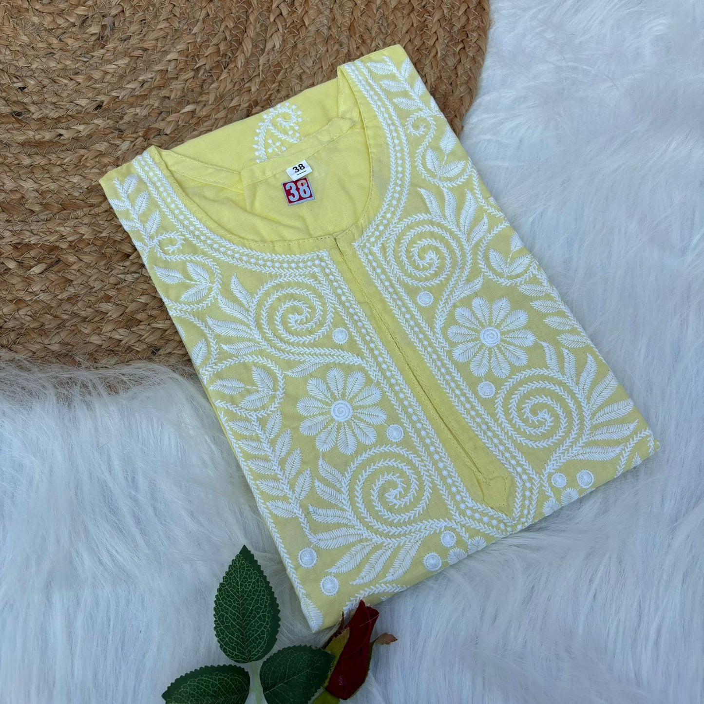 Cotton Machine Work Chikankari Kurti -Lemon Colour