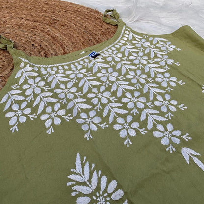 Safa Rayon Chikankari Noodle Strap Short Kurti - Pista colour (Length - 38")