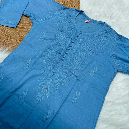 Adaah Ombre Shaded Dobby Cotton Chikankari Kurti - Sky Blue