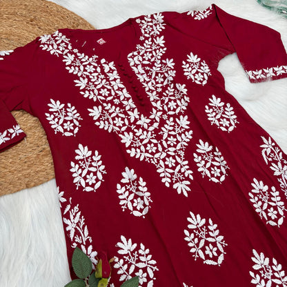 Ameena Soft Rayon Chikankari Kurti - Maroon Colour