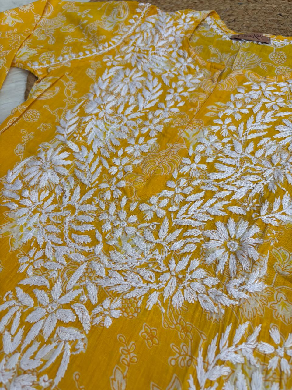 Sameera Pure Mulmul Chikankari Handwork Kurti - Yellow Colour