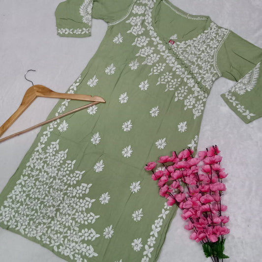 Zeenat Rayon Side Button Chikankari Kurti - Pista Colour