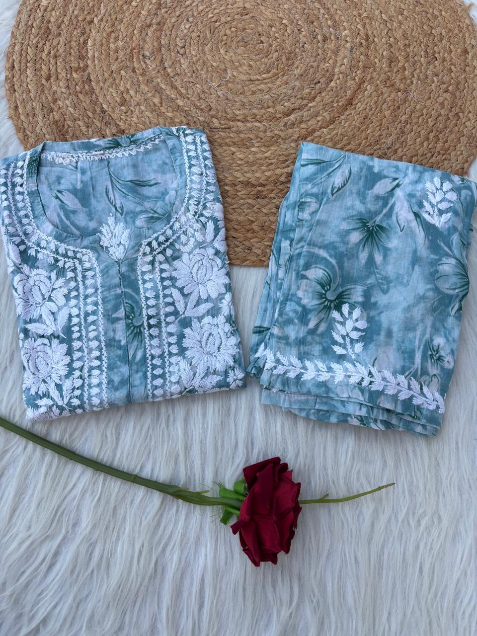 Shazia Mulmul Cotton Chikankari Kurti Set -Dark Grey Colour