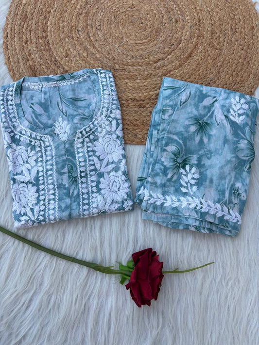 Shazia Mulmul Cotton Chikankari Kurti Set -Dark Grey Colour