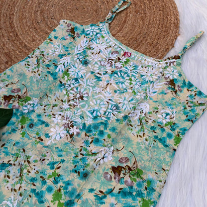 Hana Mulmul Chikankari Noodle Strap Short Kurti -Sea green colour (Length - 38")