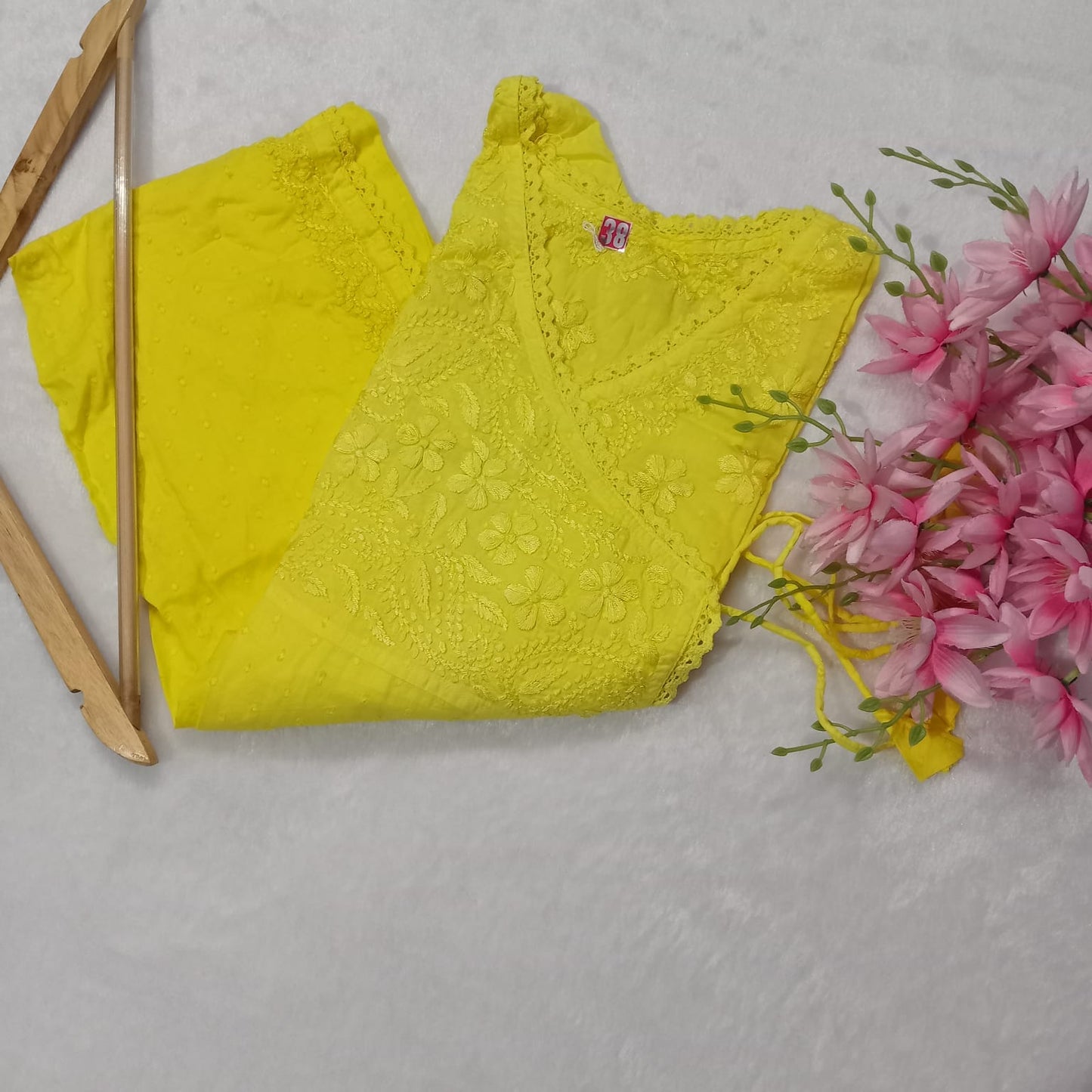 Ombre Shaded Dobby Cotton Chikankari Angarakha - Yellow Colour