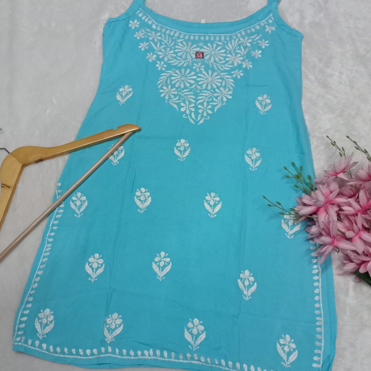 Nafisa Chikankari Sleeveless Short Kurti - Blue Colour