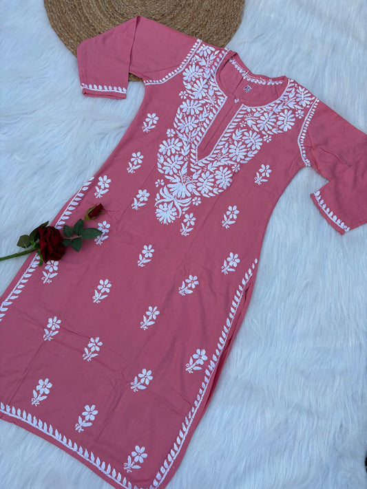 Hiba Soft Rayon Chikankari Kurti - Peach Colour