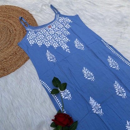 Safa Rayon Chikankari Noodle Strap Short Kurti -  Sky blue colour (Length - 38")
