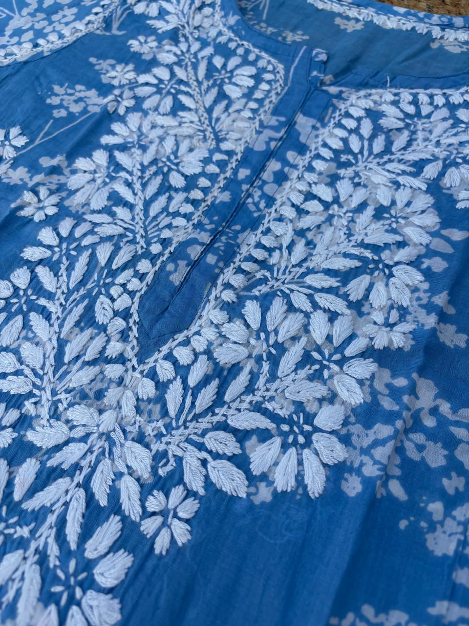 Sidra Pure Mulmul Chikankari Handwork Kurti - Blue Colour