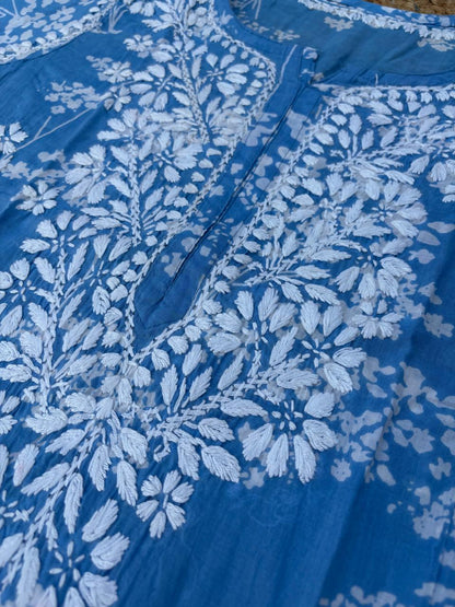 Sidra Pure Mulmul Chikankari Handwork Kurti - Blue Colour