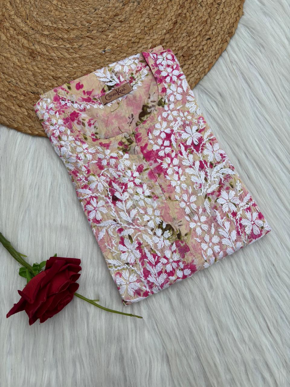 Fatima Pure Mulmul Chikankari  Handwork Kurti - Pink Colour