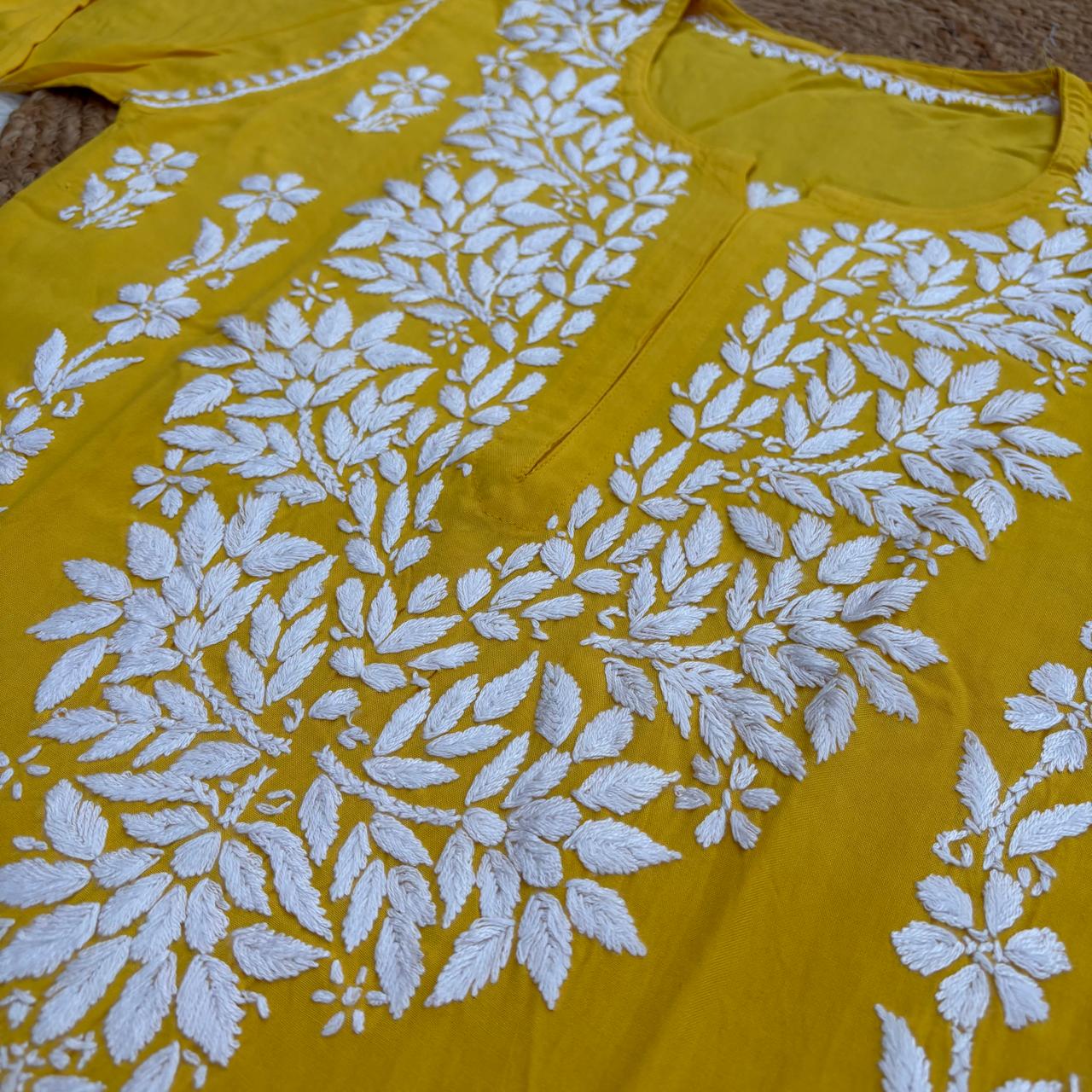 Samara Rayon Handwork Chikankari Kurti Plazo Set - Yellow Colour