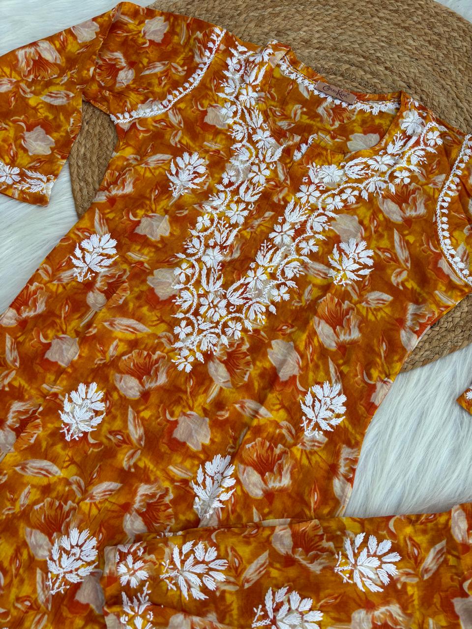 Elena Mulmul Cotton Handwork Chikankari Kurti Set - Warm Rust Colour