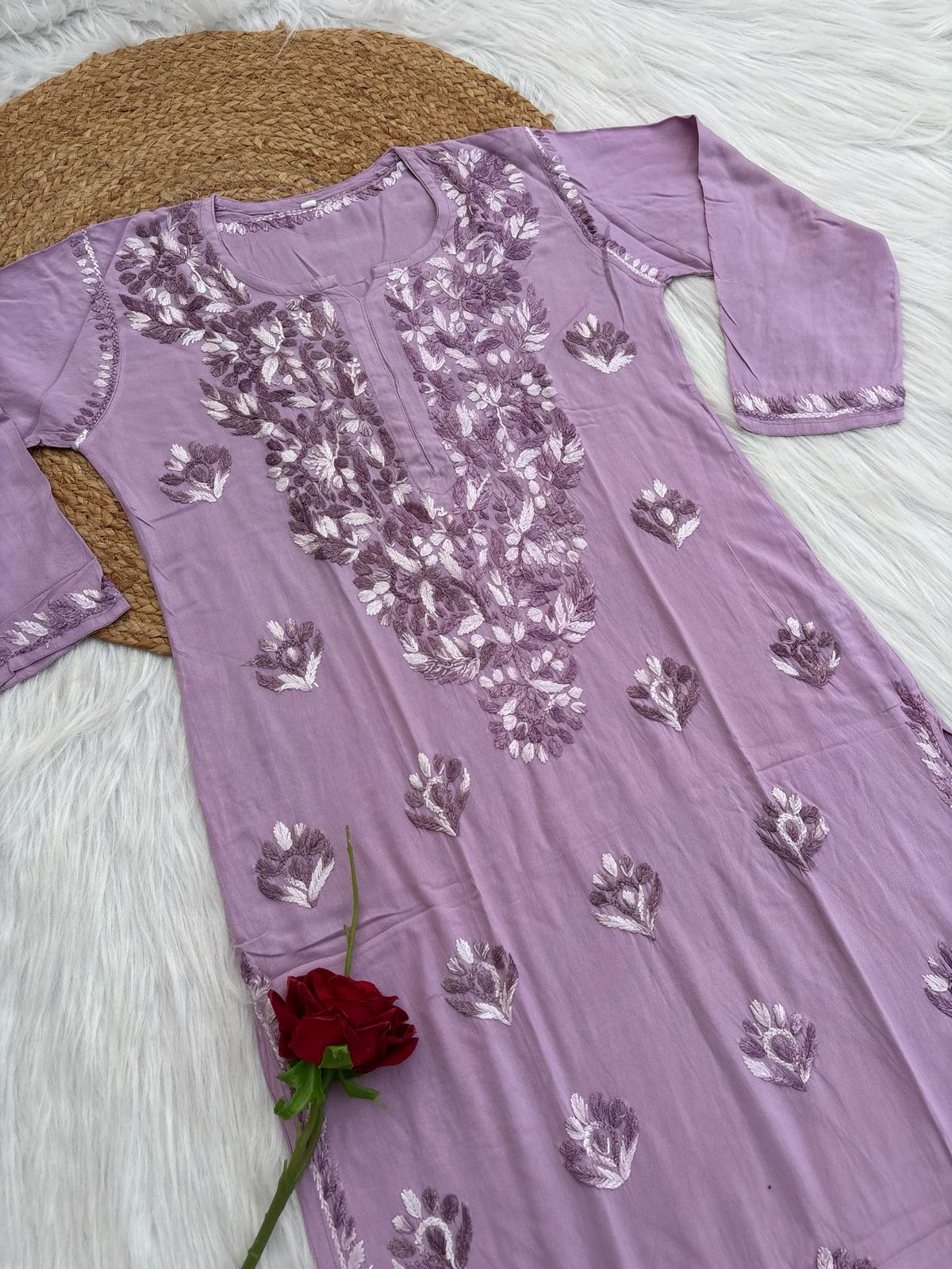 Roohi Rayon Tone To Tone Lucknowi Handwork Chikankari Kurti - Lavender Color