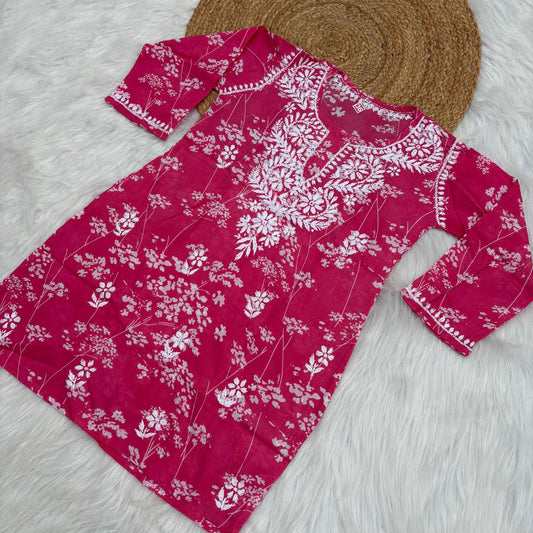 Malika Pure Mulmul Cotton Short Kurti - Pink Colour