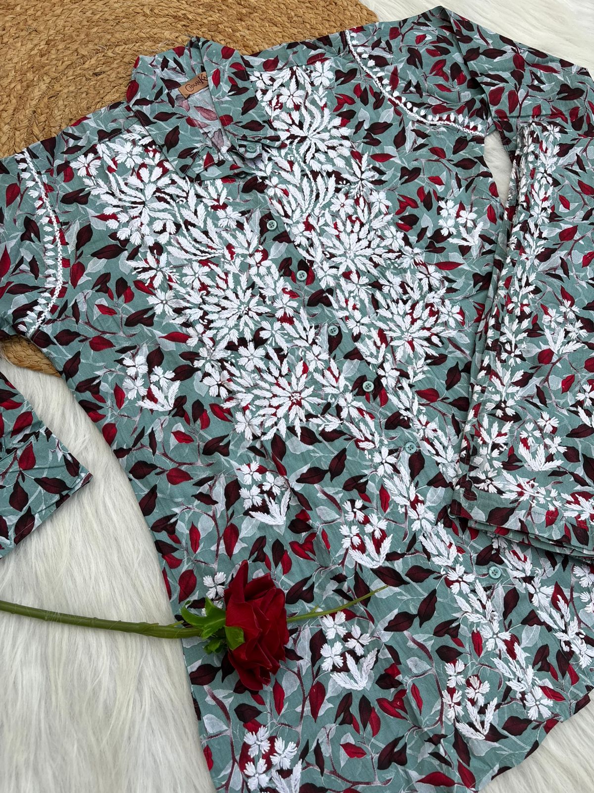 Mulmul Cotton Lucknowi Chikankari Coord Set - Muted Blue Colour