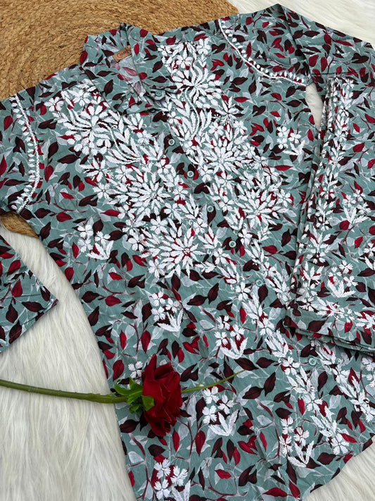 Ziya Mulmul Cotton Lucknowi Chikankari Coord Set - Muted Blue Colour