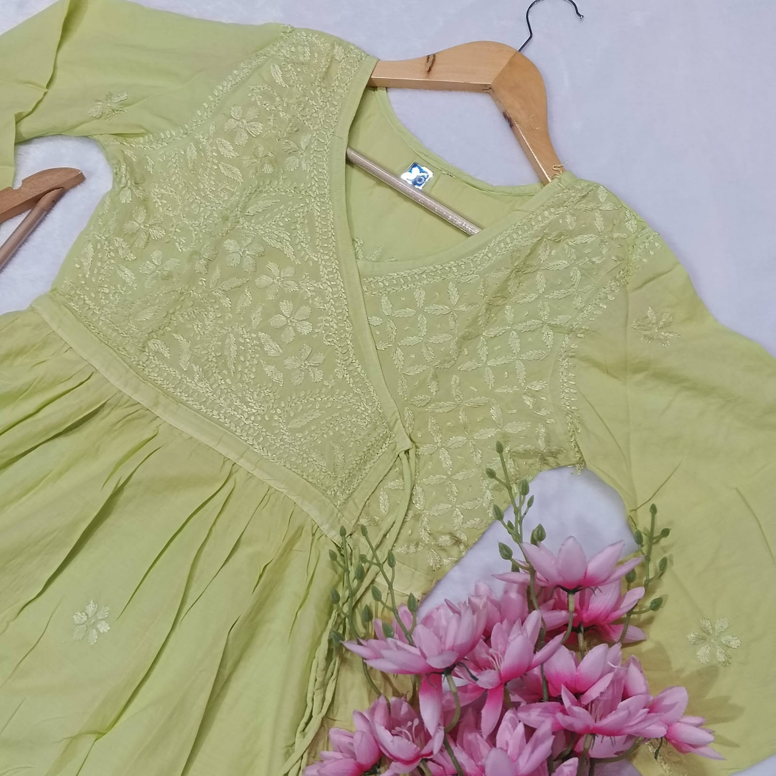 DOBBY COTTON CHIKANKARI 
SHORT ANGARAKHA GOWN - ELACHI GREEN COLOUR - chikankaar