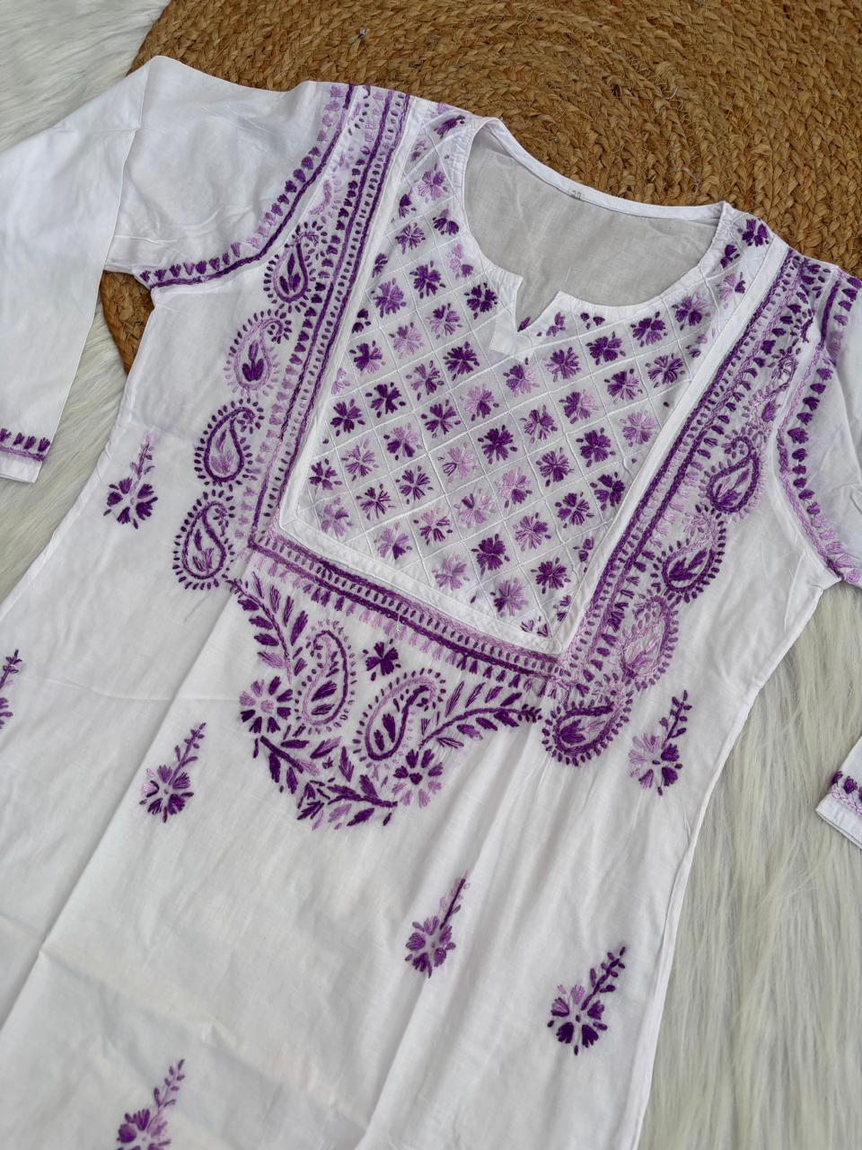 Zoya Cotton Lucknowi Handwork Chikankari Kurti - White Purple Colour